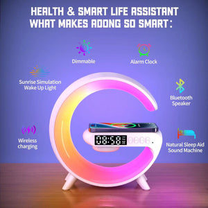 G Shape Google LED Wireless Charging RGB Bluetooth Speaker Clock and Rechargeable Table Lamp(All in one Machine)